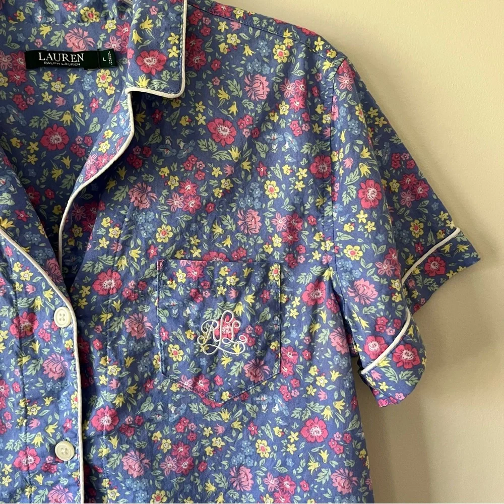 Lauren Ralph Lauren Button Up Pajama Top Large Shabby Chic Blue Floral